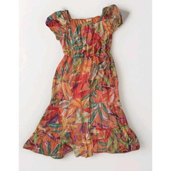 Indigo Rose Tropical Midi Dress L | Orange Multicolor Leaf Print Vacation Style - Picture 3 of 7